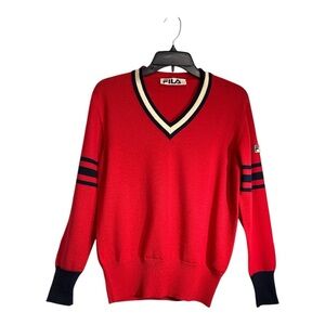 FILA Vintage V Neck Pullover Sweater Made in Italy 100% Pure Wool Red Medium